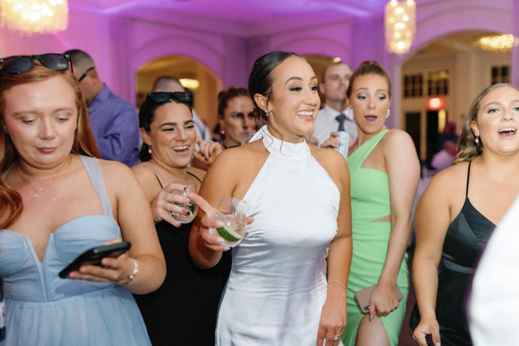 Bride and guests on dance floor at Newport wedding