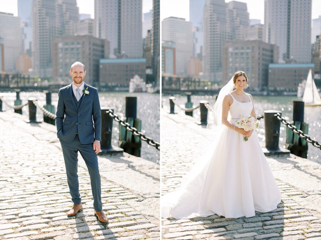 Bride and groom wedding day portraits in Boston's Seaport