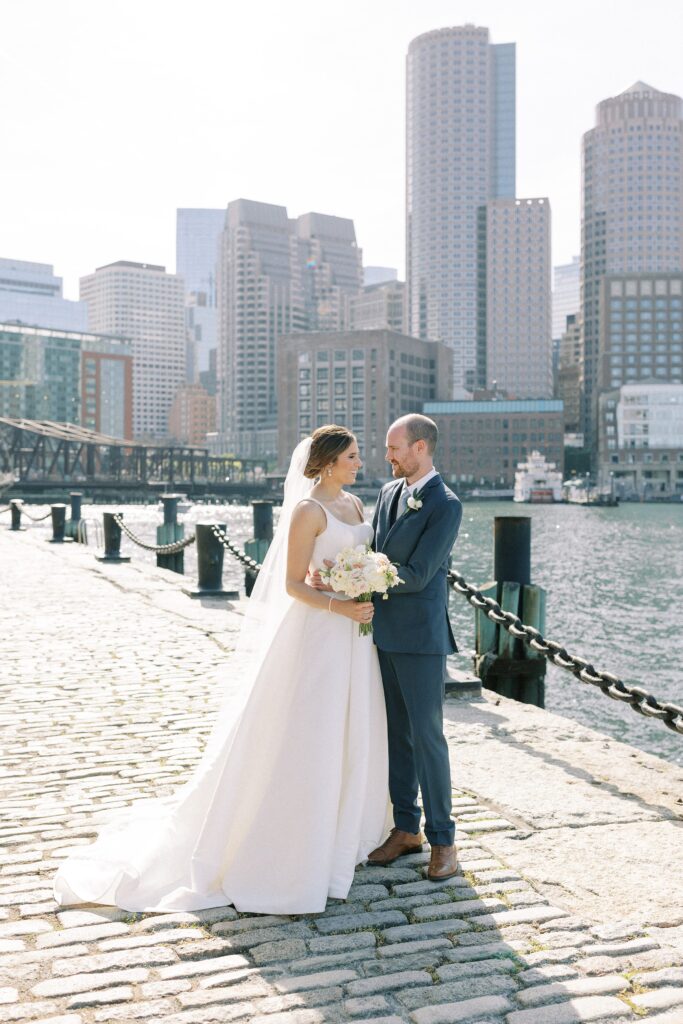Bride and groom wedding day portrait for Boston Seaport wedding at The Exchange Conference Center