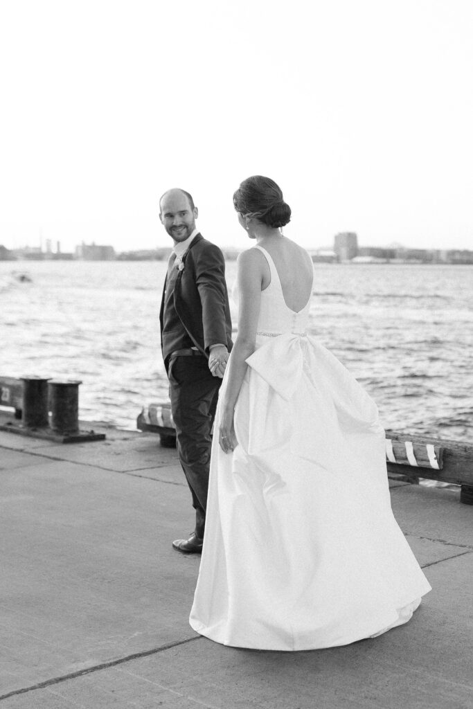 Sunset wedding day photos in Boston Seaport