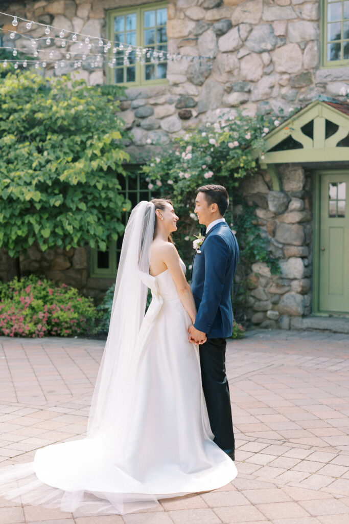 Bride and groom portrait before ceremony at Willowdale Estate