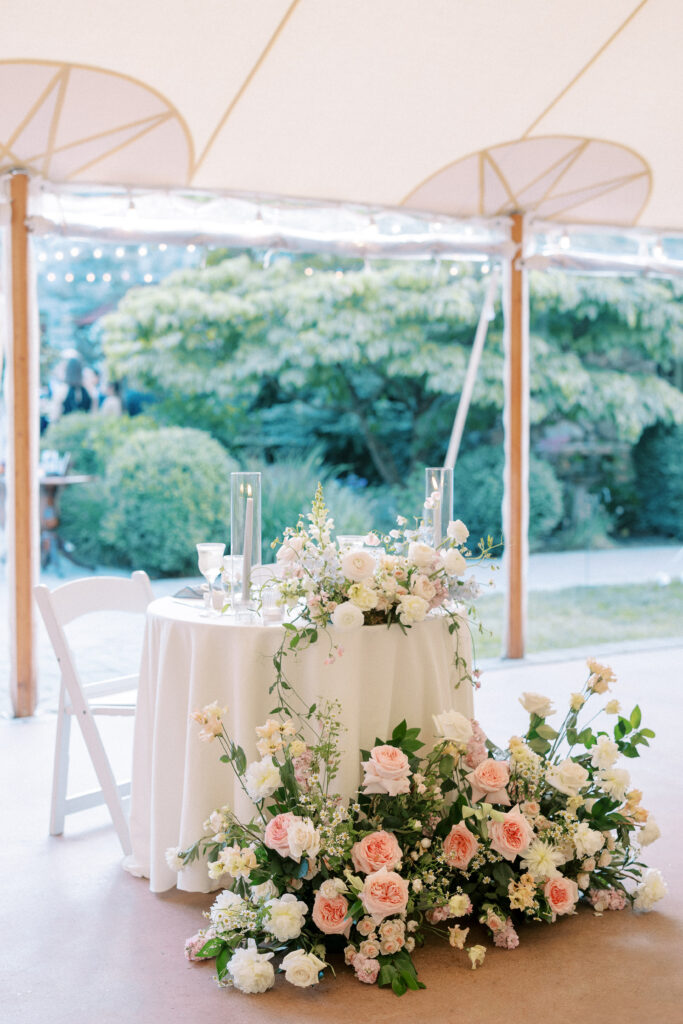 Wedding head table decor for bride and groom at Willowdale Estate reception