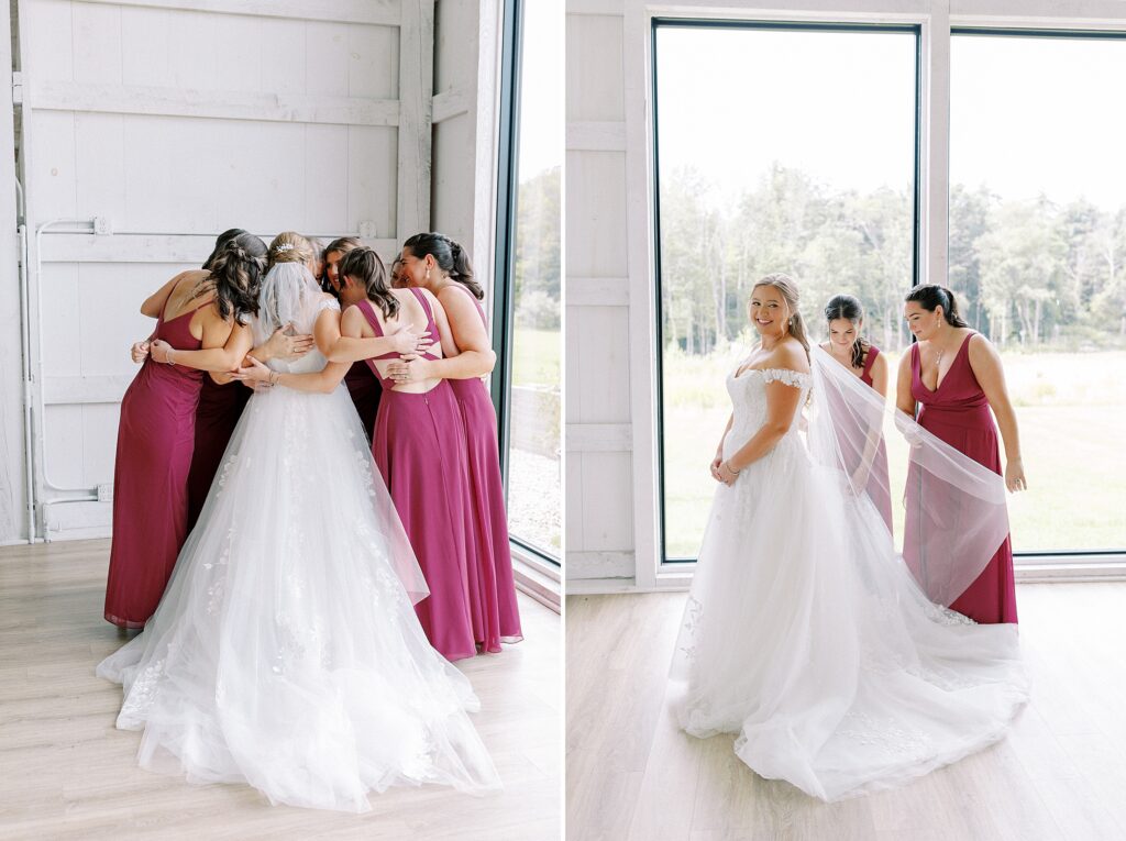 Bridesmaids and bride candid getting ready photos for New Hampshire wedding