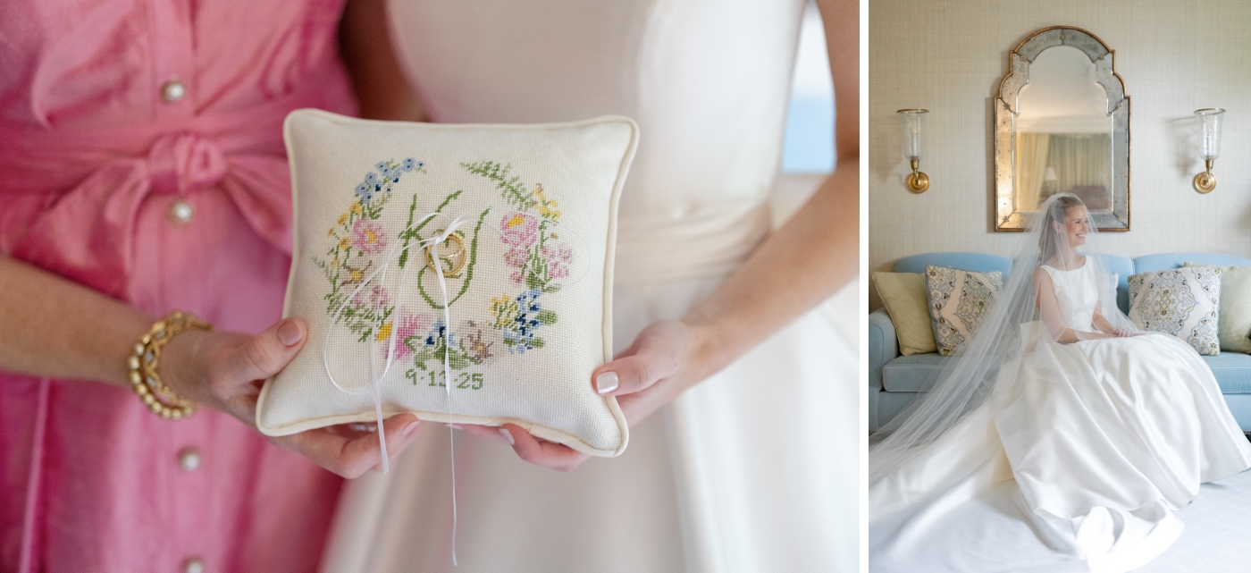 Mother of the bride and bride holding a custom embroidered pillow with bride and groom's initials
