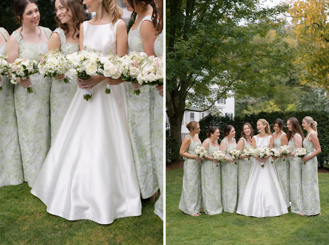 Bridesmaids wearing green floral patterned dresses and holding white bouquets