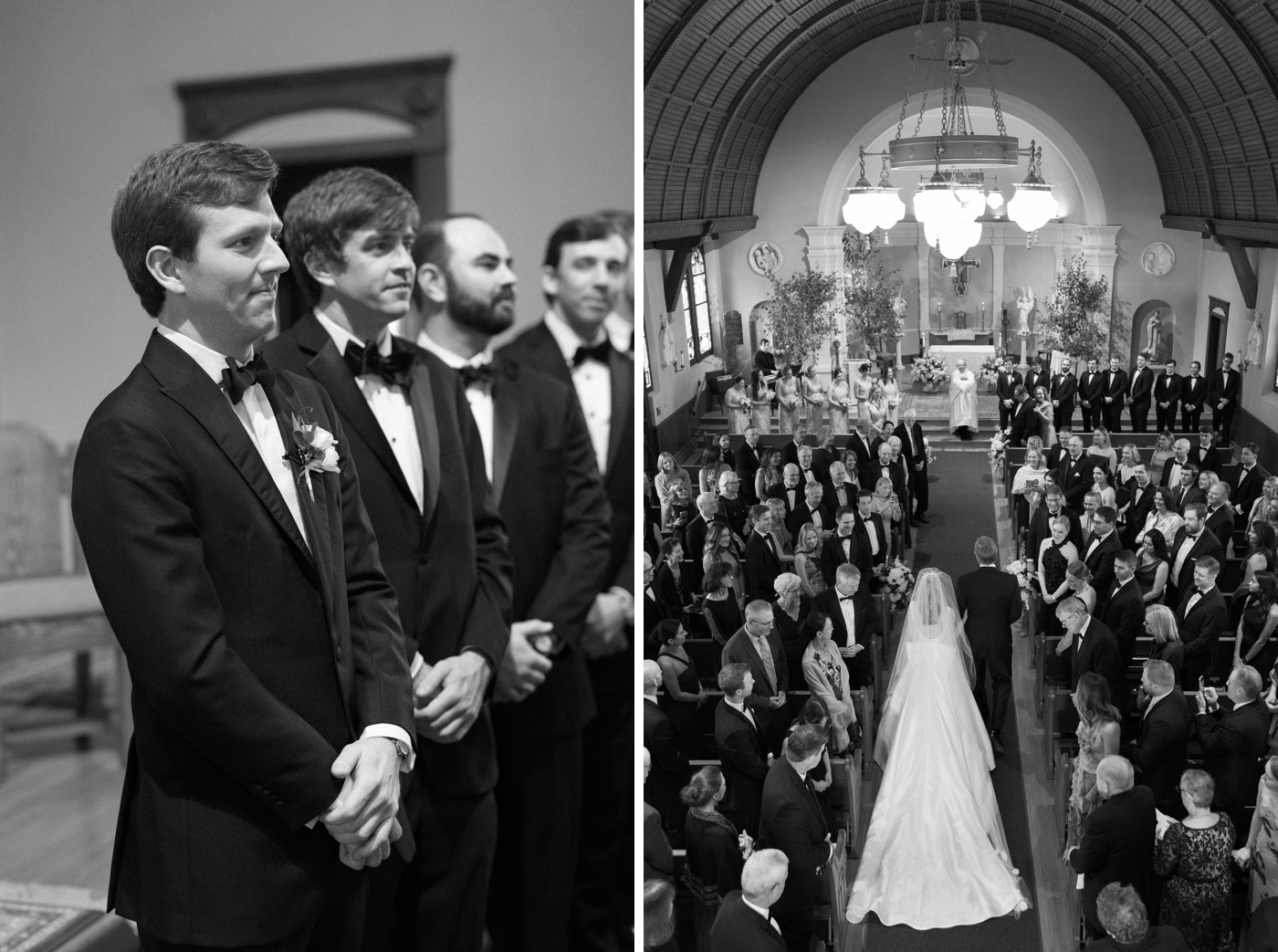 Groom watching his bride walk down the aisle