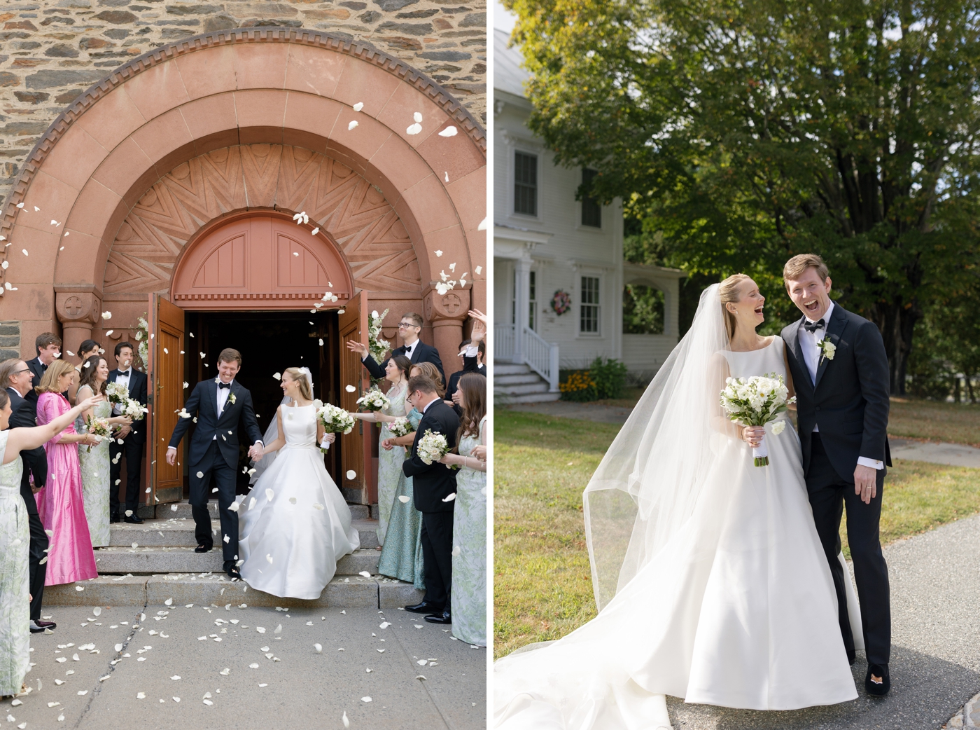 Flower petal exit after a church wedding ceremony