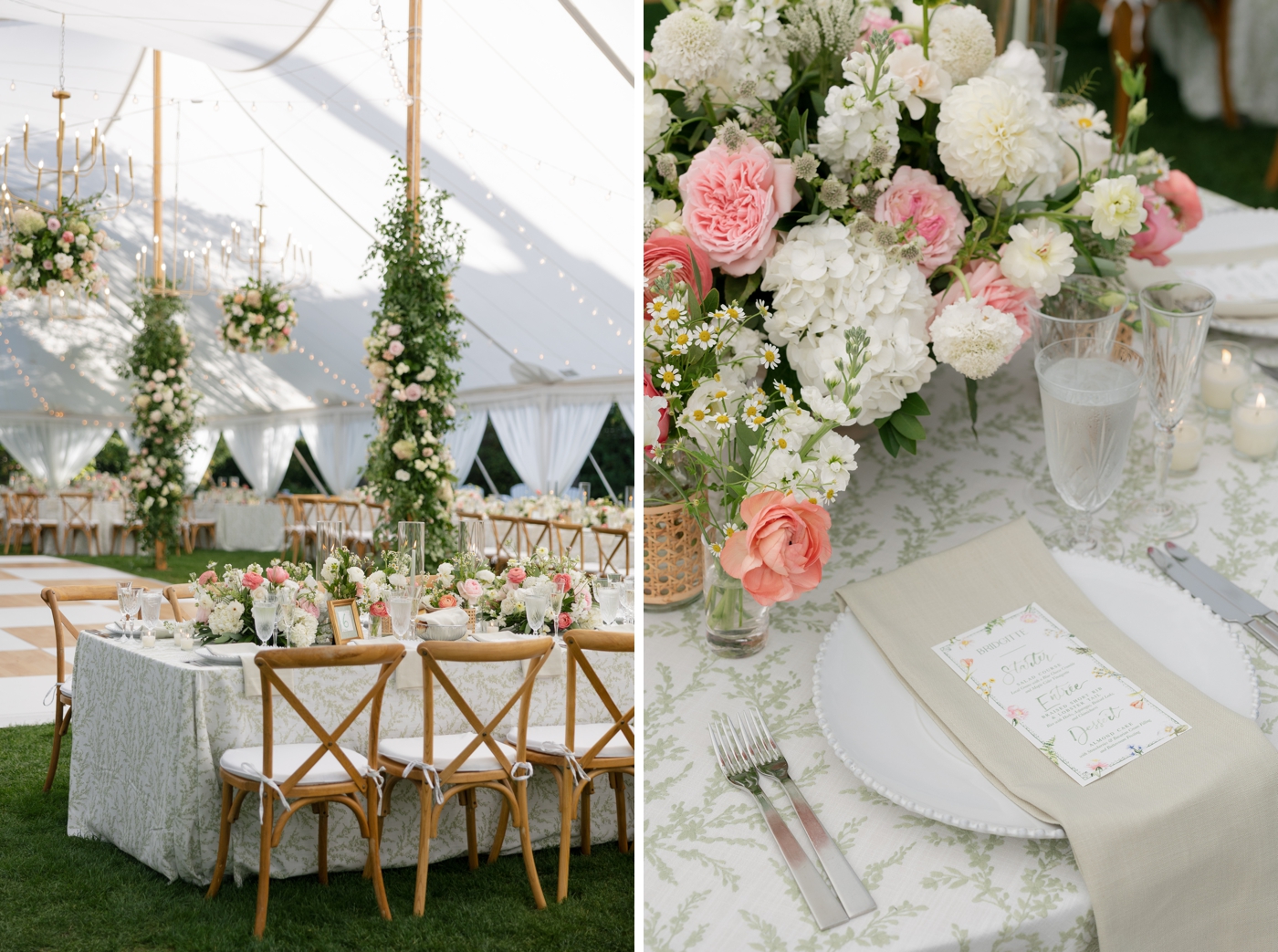 Romantic white, blush, and peach wedding decor