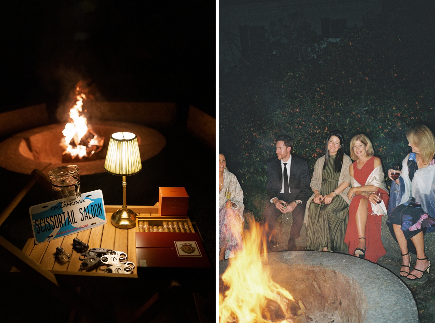 Guests sitting by the firepit at a Woodstock Inn & Resort wedding