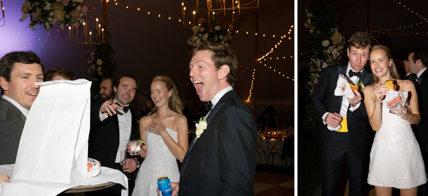 Bride and groom eating Johnnie's Charcoal Broiler burgers at their wedding reception