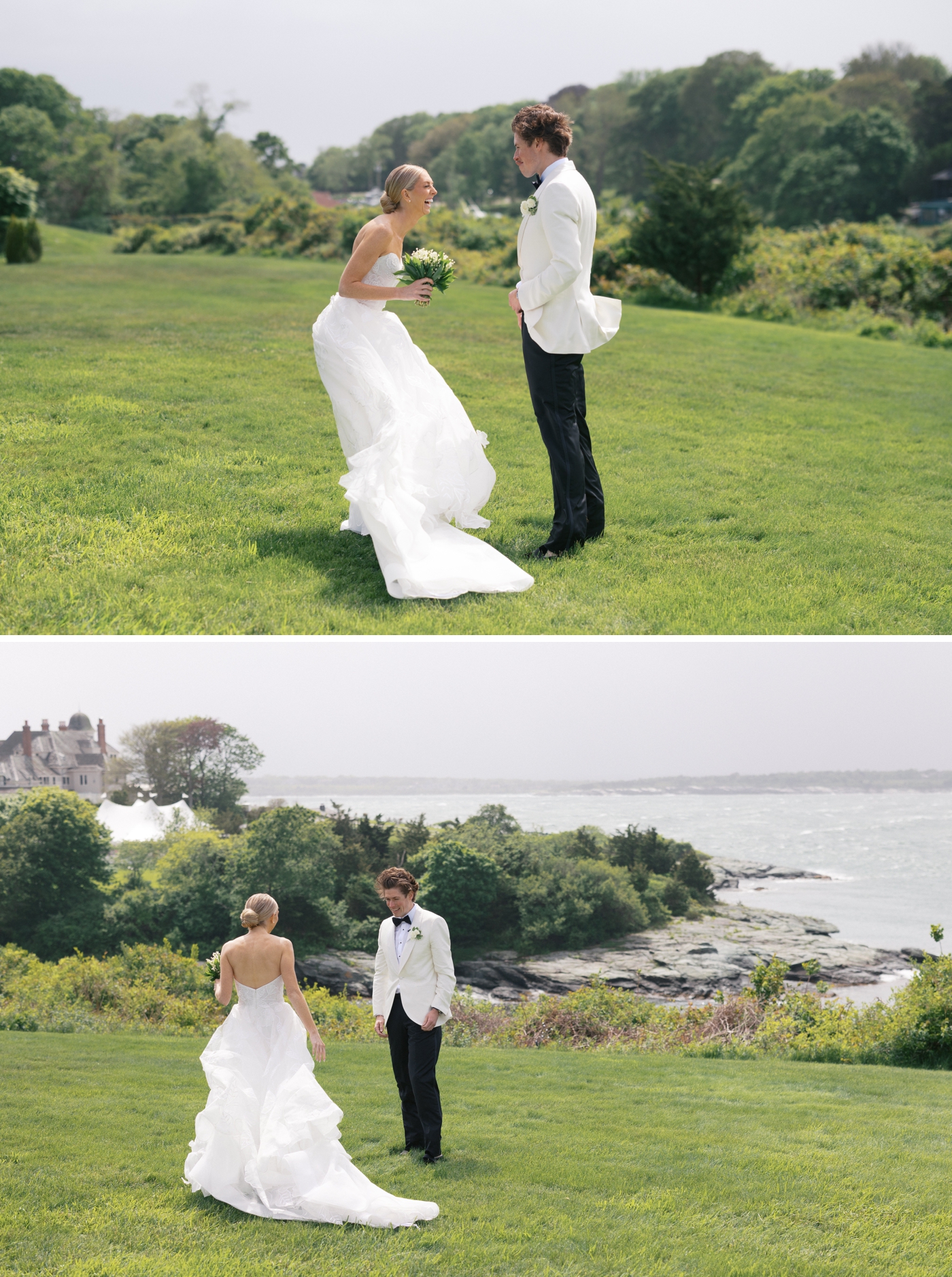 Bride and groom first look overlooking the ocean in Newport, RI