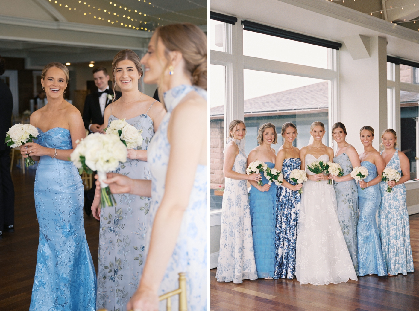 Bridesmaids wearing mismatched blue and white gowns