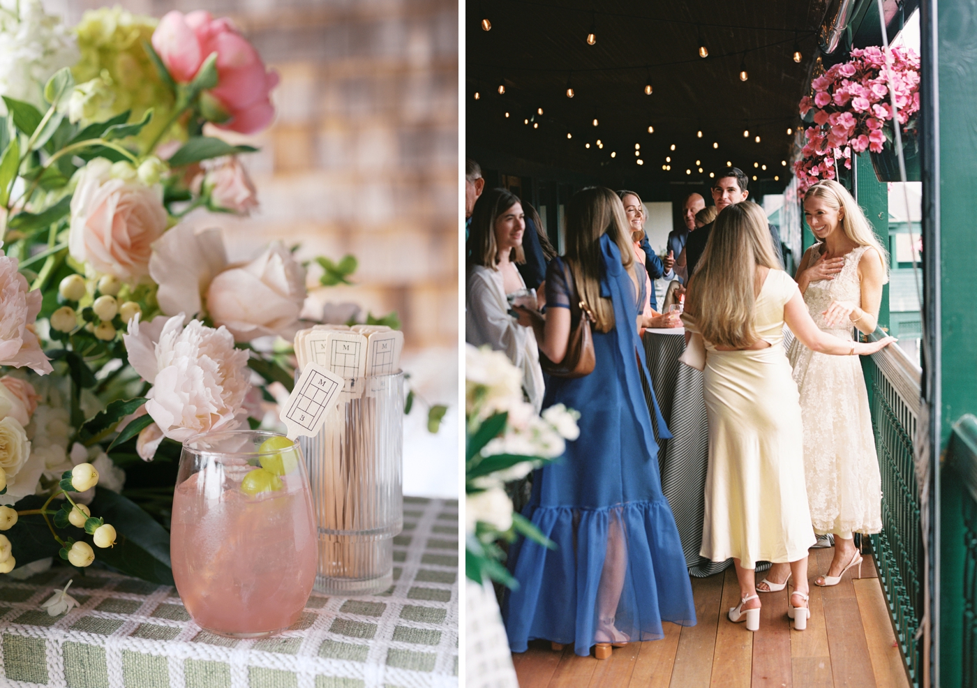 Pink cocktail with custom stir stick for a wedding welcome party