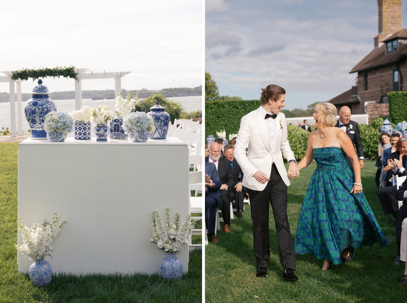 White pedestal with ginger jars at a Newport wedding