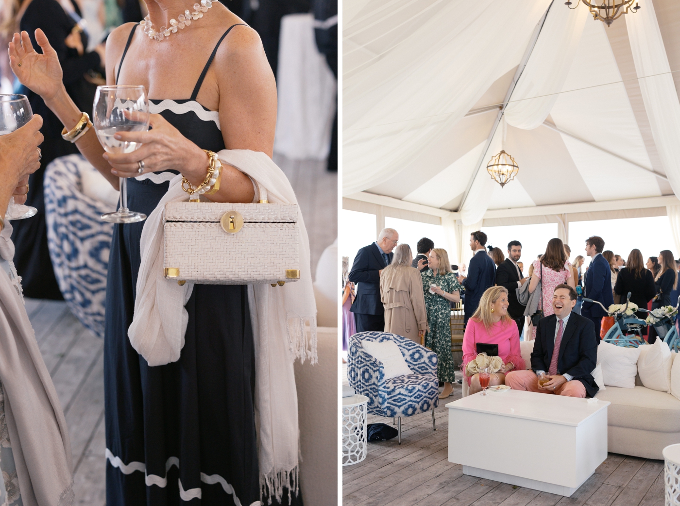 Wedding guest with a navy blue sundress and a cream and gold clutch