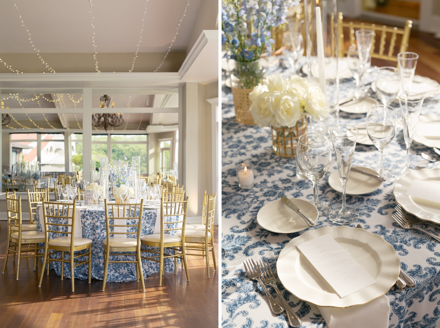 Blue and white tabletop decor for a Newport destination wedding