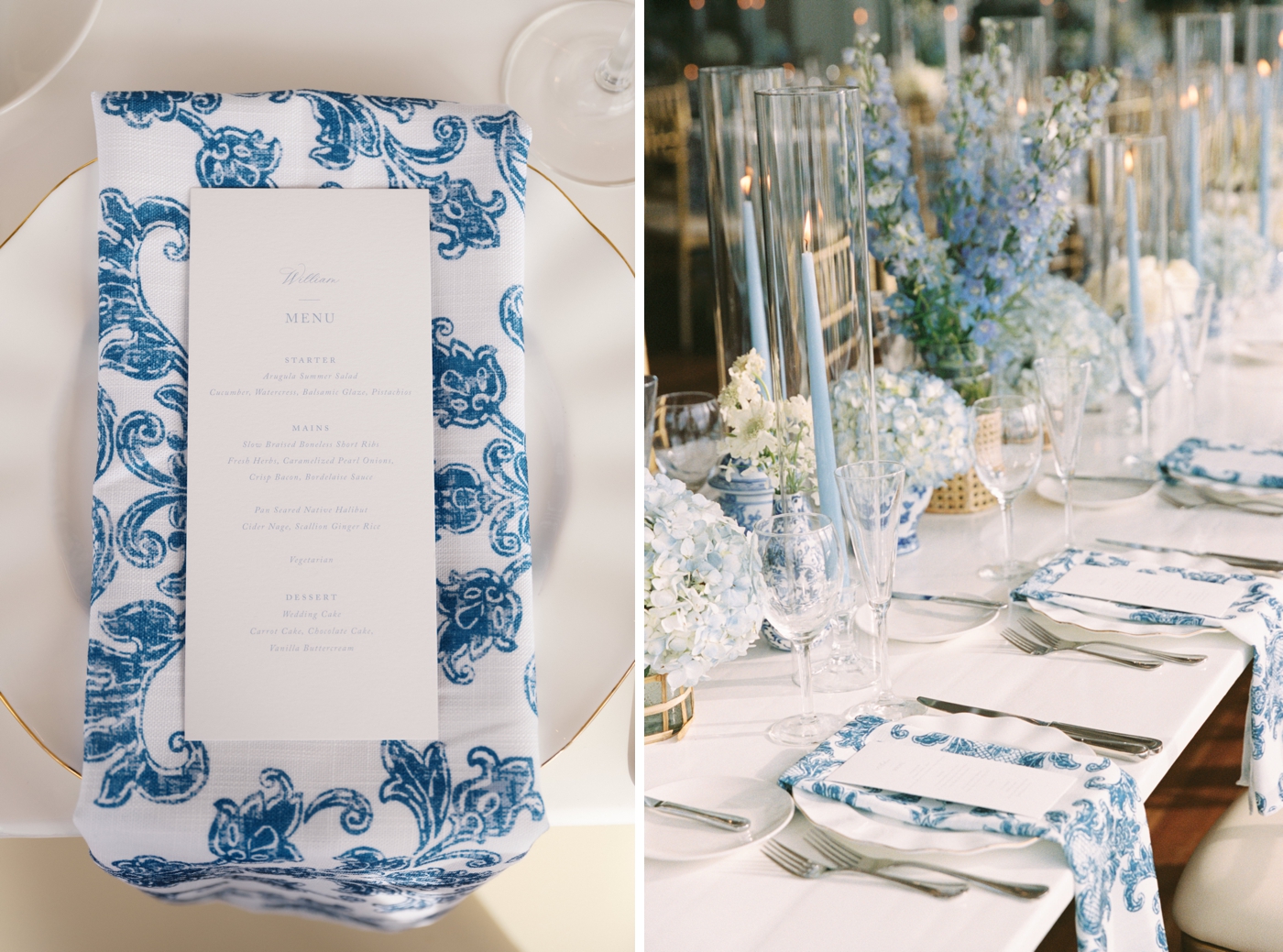 Wedding menu on top of a blue and white chinoiserie patterned napkin