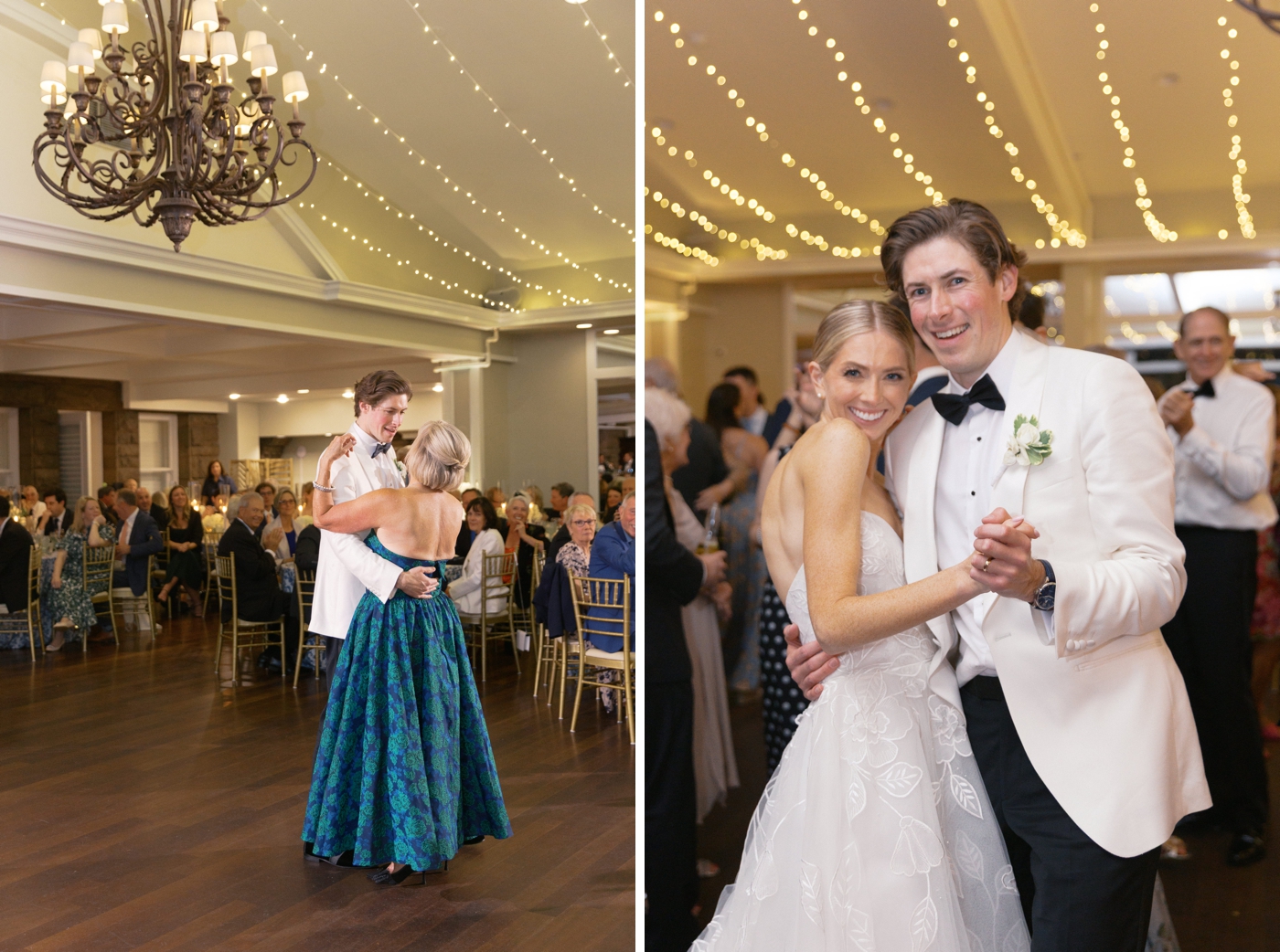 Groom dancing with mother and bride at a Newport destination wedding