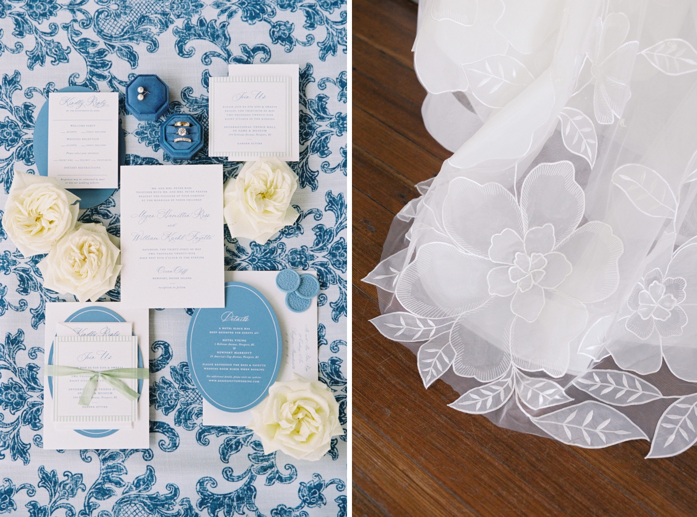 Blue and white wedding stationery flatlay by Merrow Creative