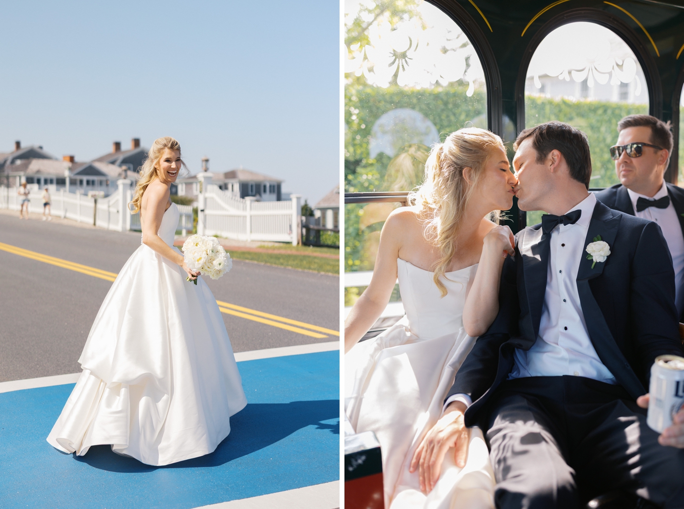 Bride and groom kissing in the Cape Cod Trolley