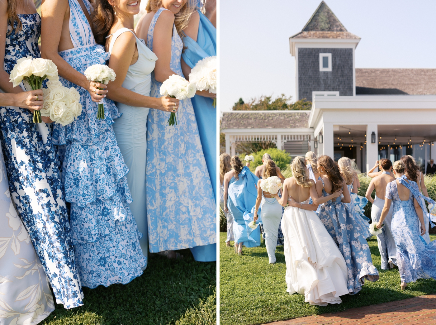 Bridesmaids wearing mismatched blue dresses for a Cape Cod wedding