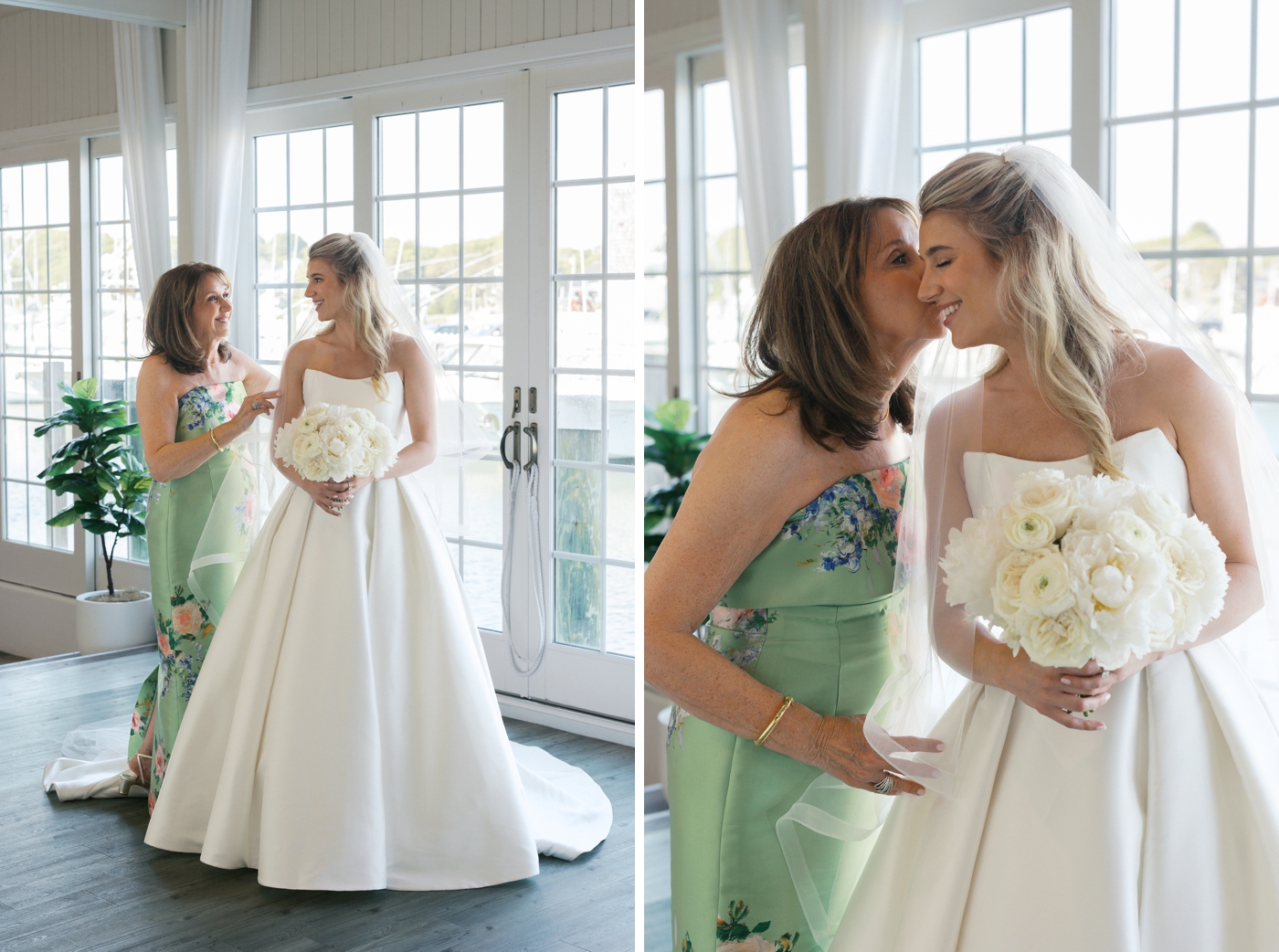 Mother of the bride kissing bride on the cheek