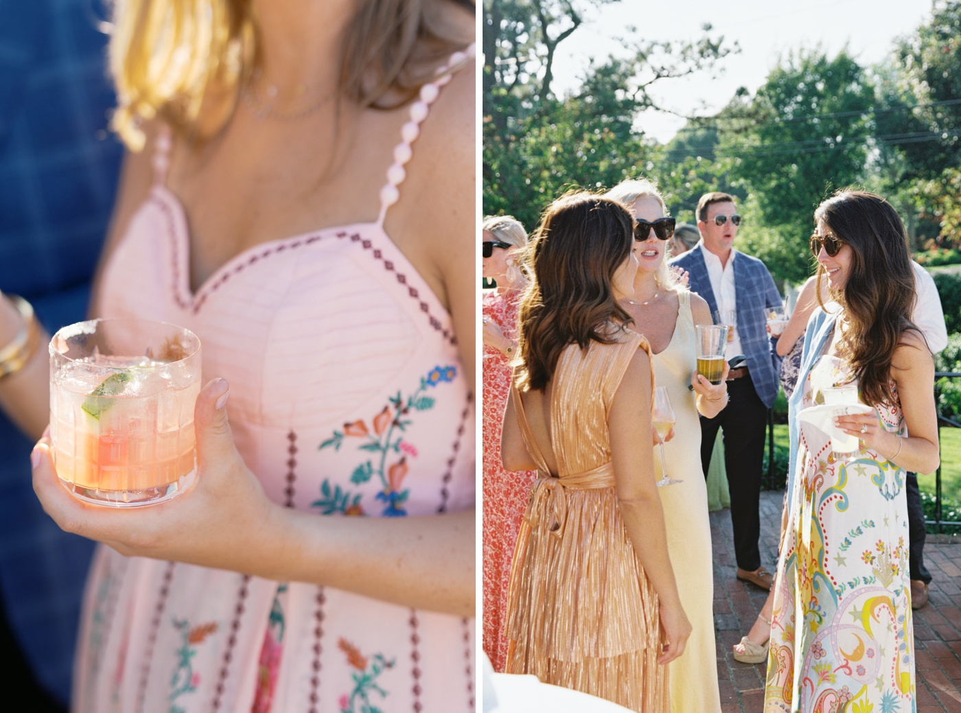 Wedding guest in a pink dress holding a cocktail