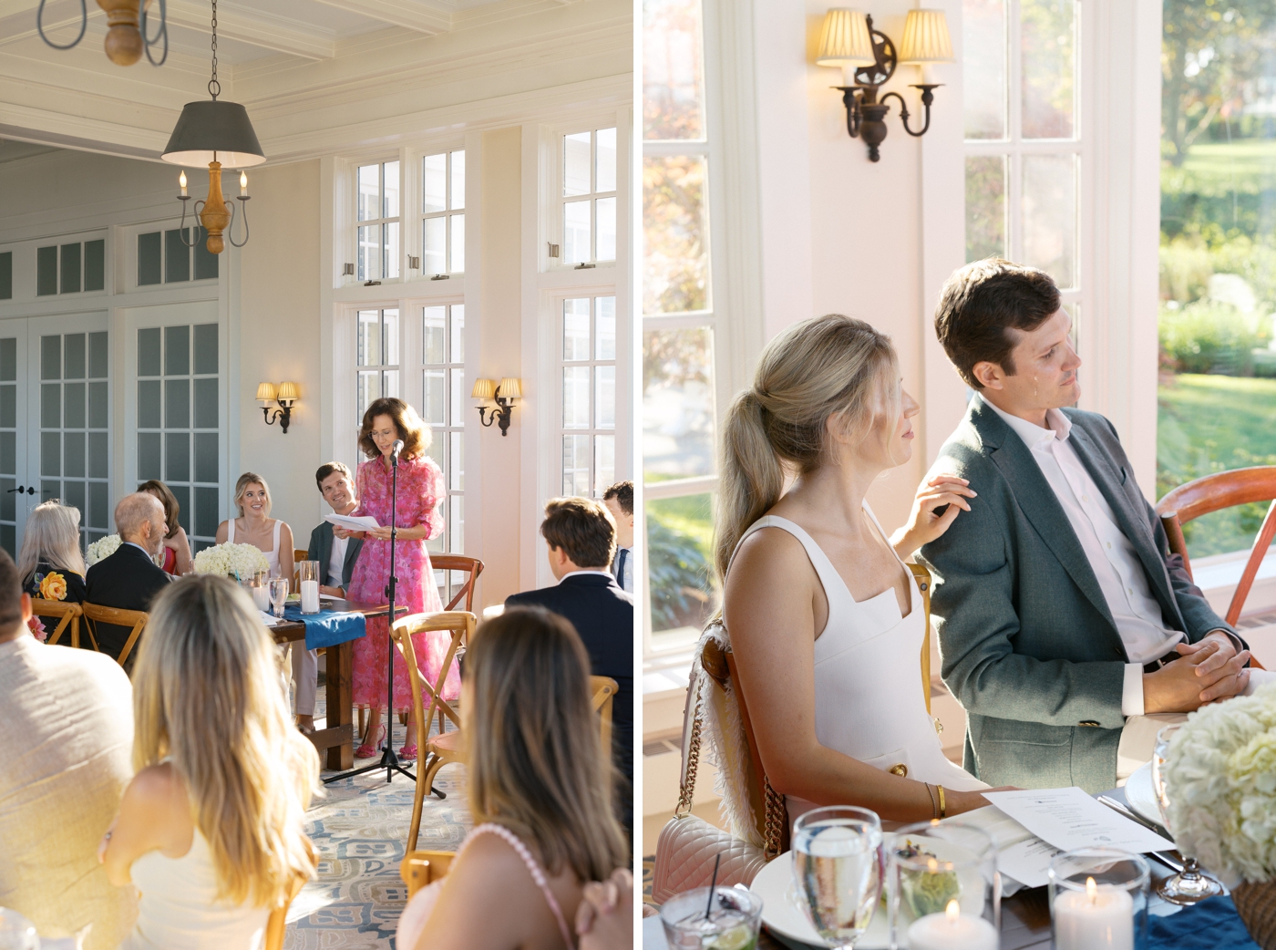 Bride and groom listening to a toast at their rehearsal dinner