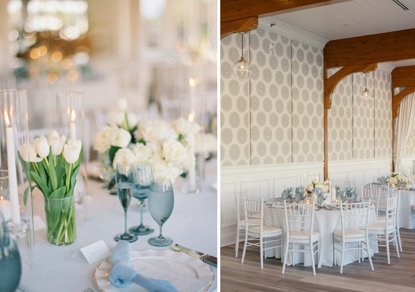 Blue and white wedding decor