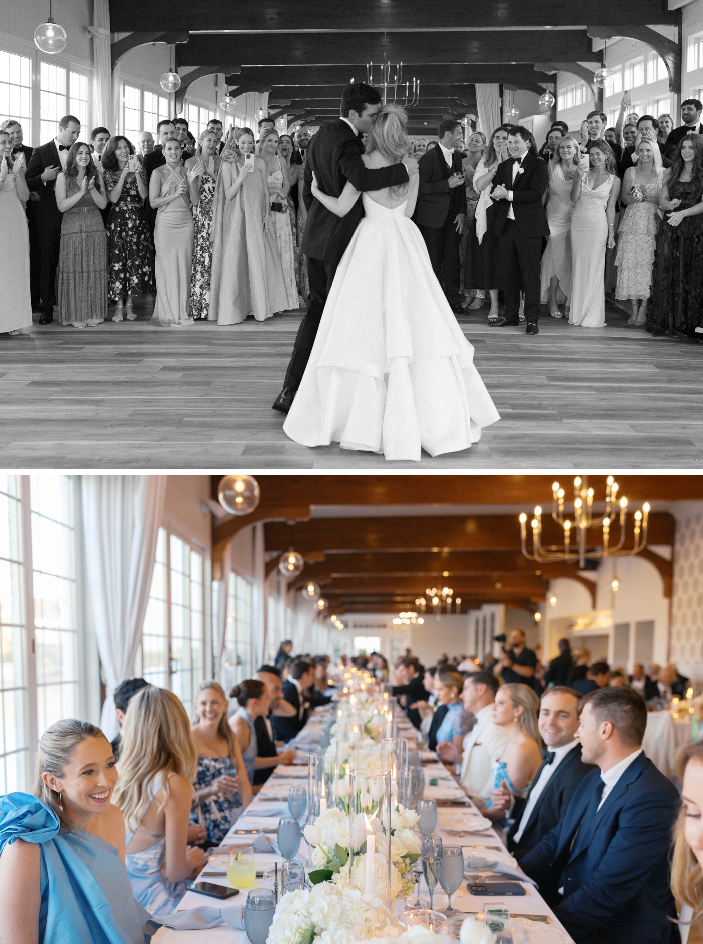 Wedding guests cheering for the bride and groom after their first dance