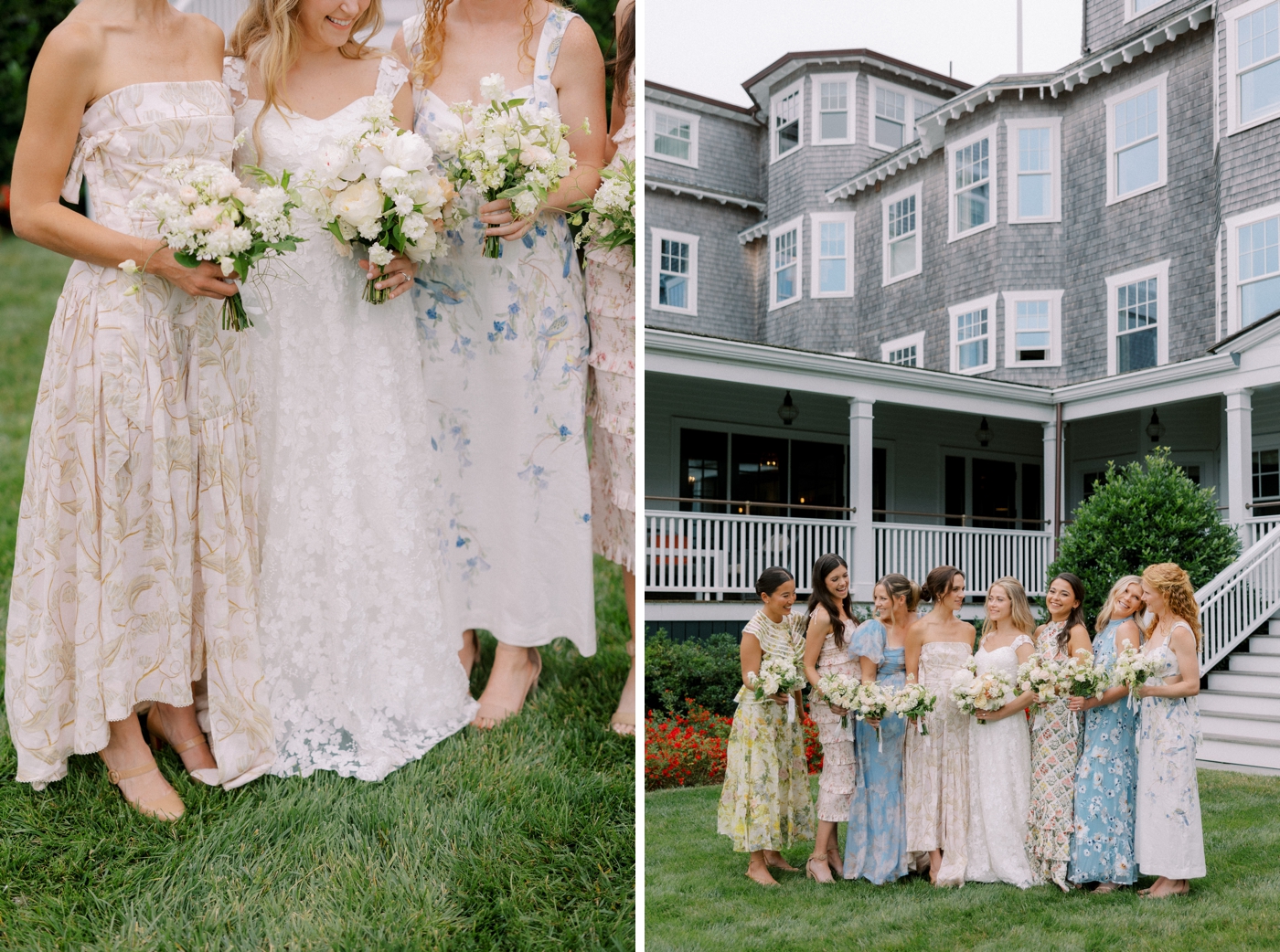 Bridesmaids wearing pastel floral gowns, holding ivory and blush bouquets