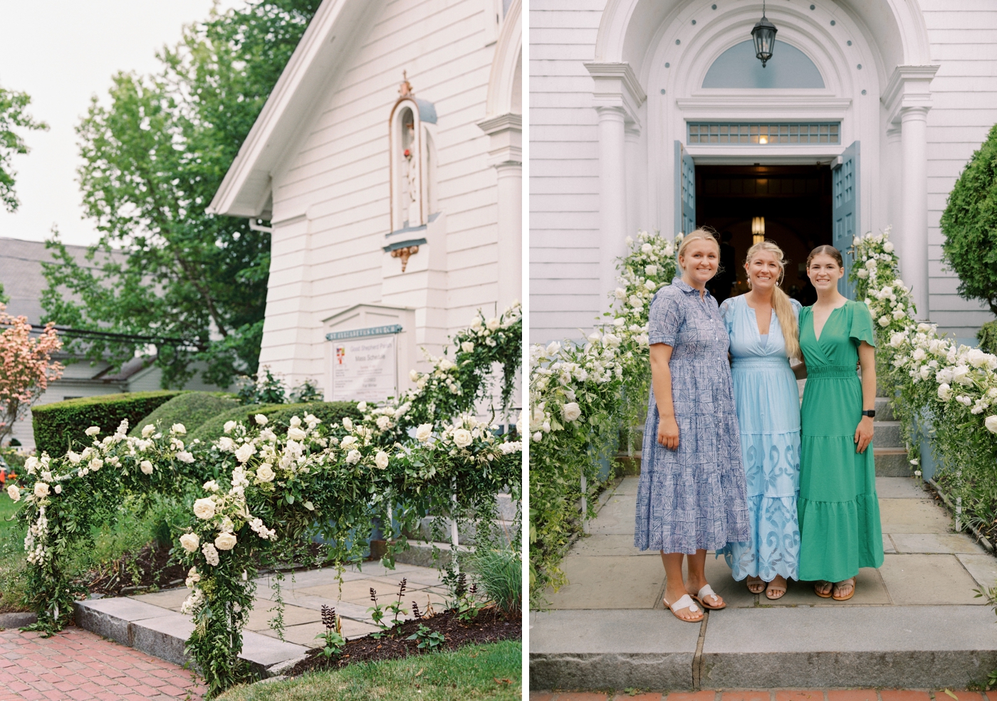 Wedding guests on the steps of Saint Elizabeth's Church, Martha's Vineyard