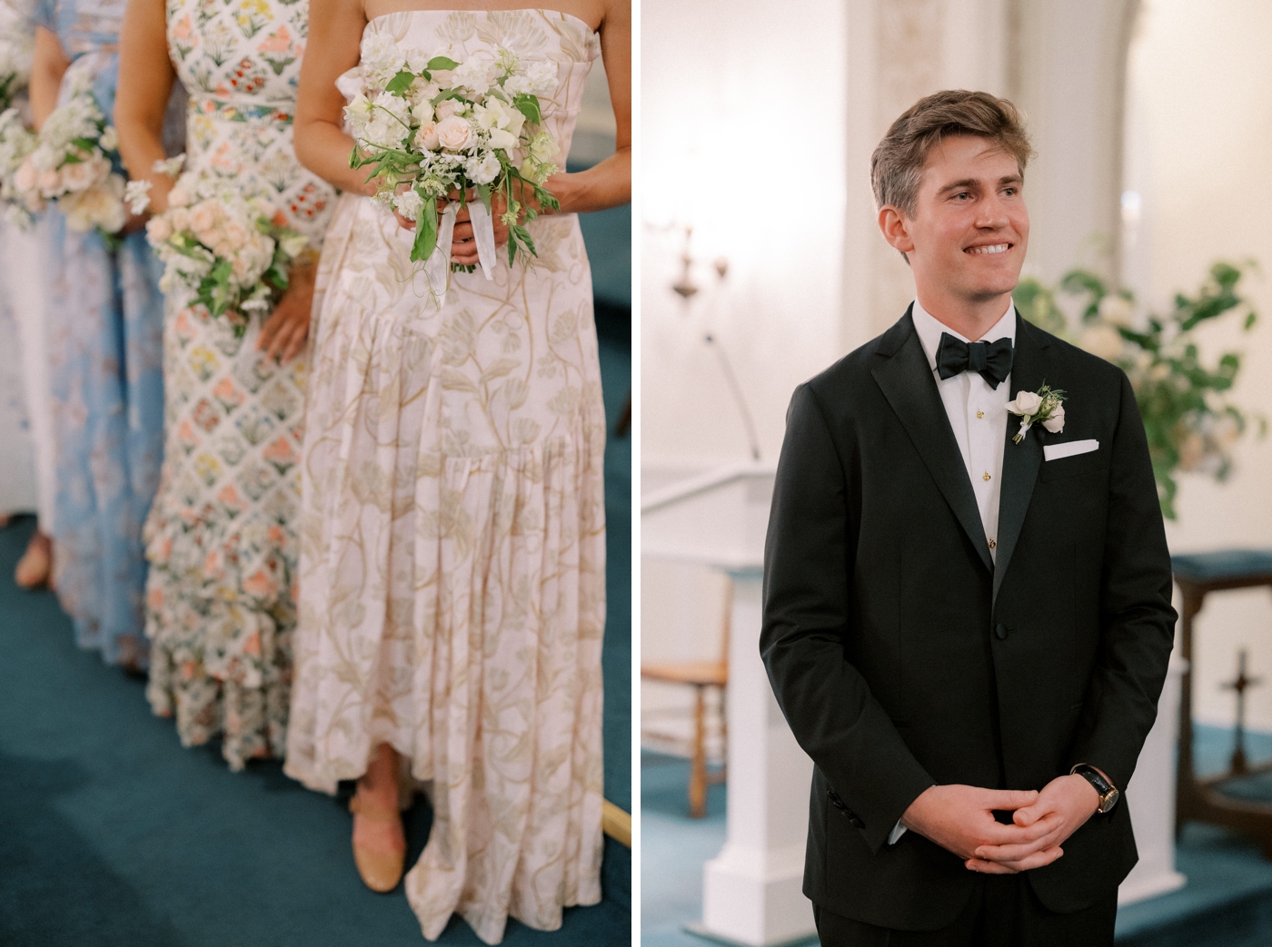 Bridesmaids wearing pastel floral gowns, holding ivory and blush bouquets
