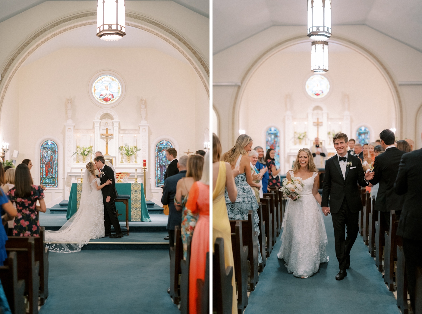Bride and groom sharing their first married kiss