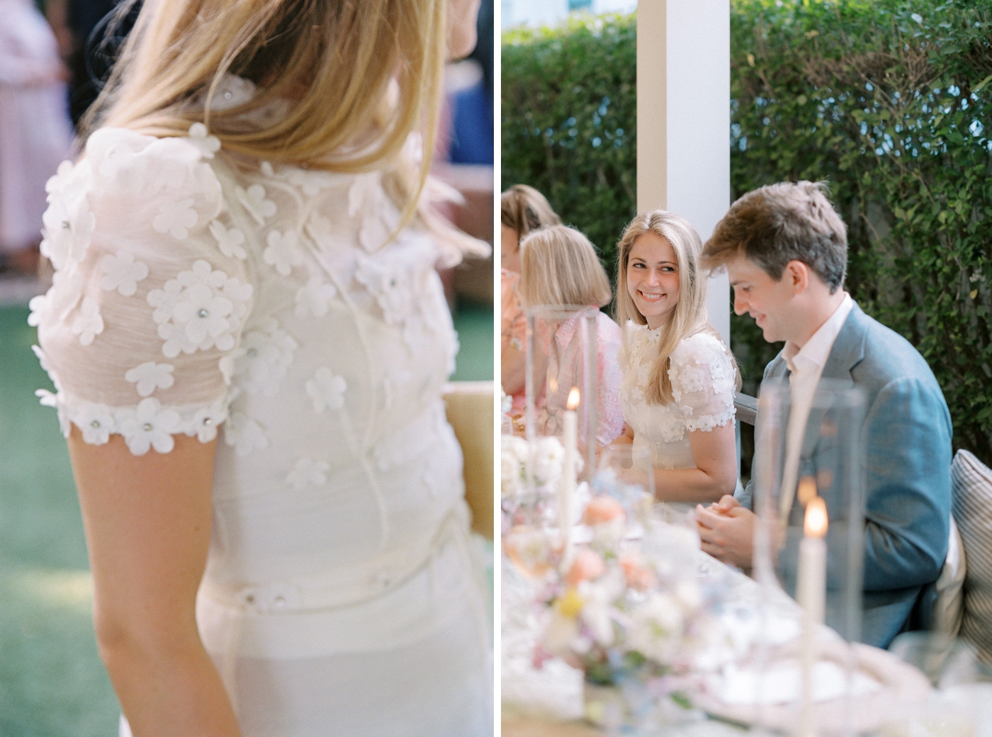 Bride wearing a white mini dress by Zimmermann for her rehearsal dinner