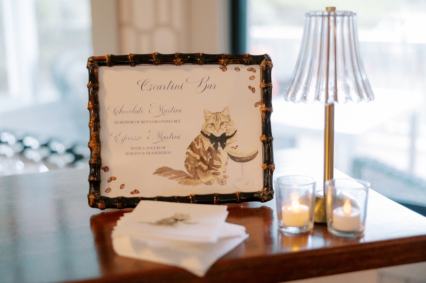 Wedding cocktail menu with a custom pet illustration