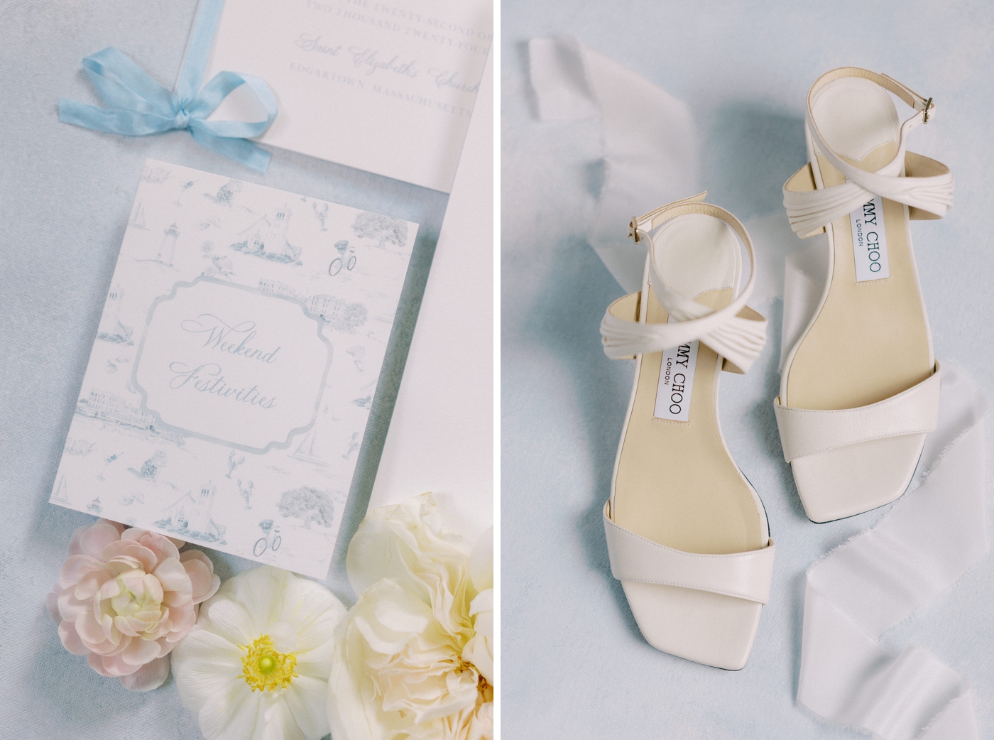 Flatlay of white bridal heels from Jimmy Choo