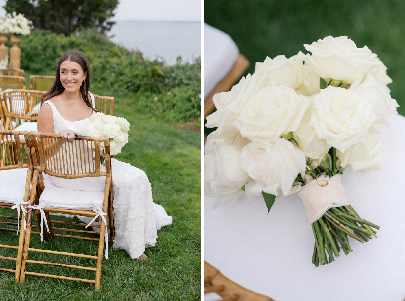 Bouquet of white roses wrapped with ivory ribbon by Illume Floral