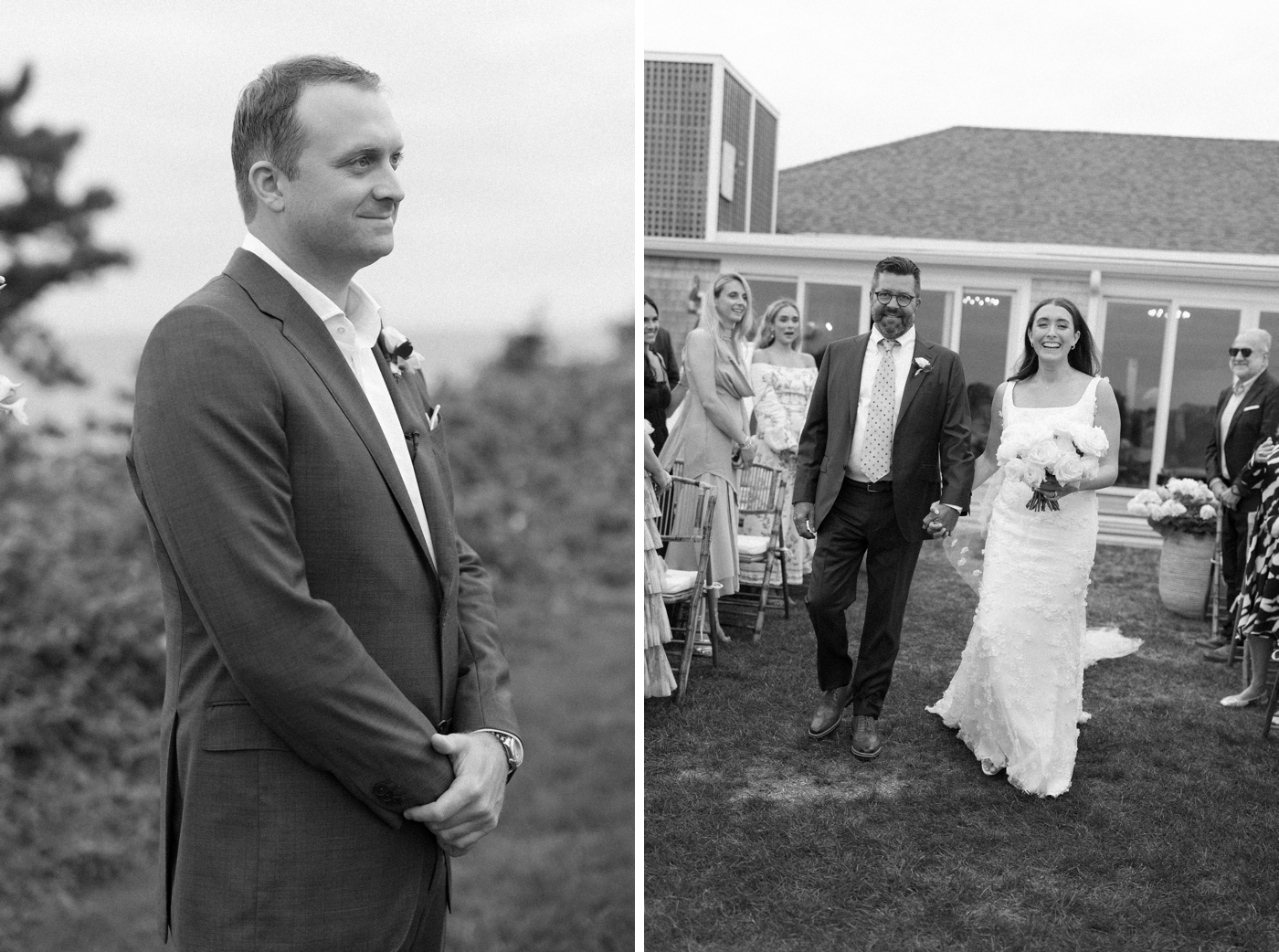 Groom watching bride walk down the aisle