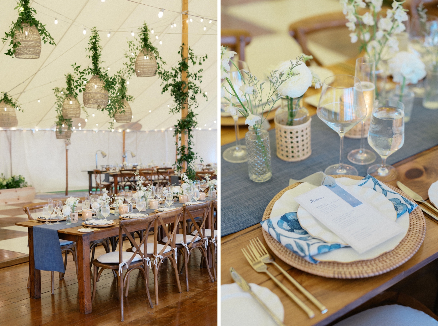 Blue and white coastal wedding tabletop decor