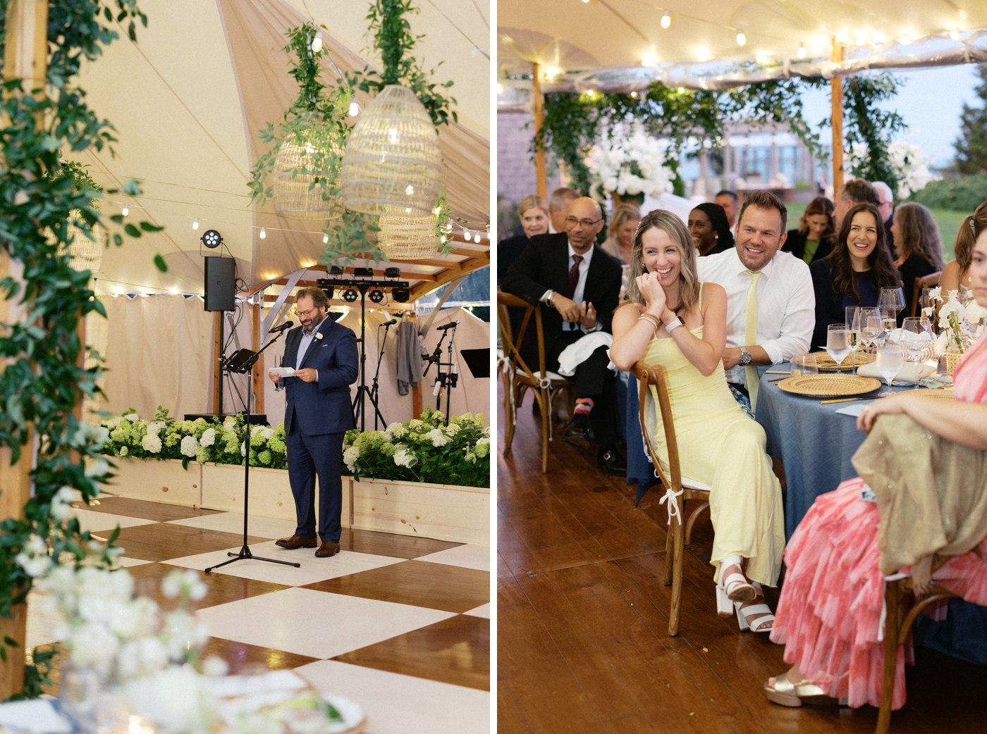 Wedding reception toast, guests laughing