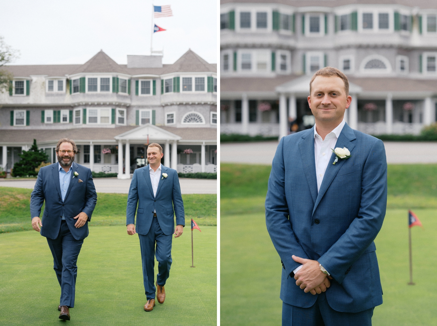 Groom in a dark blue suit for his Cape Cod wedding