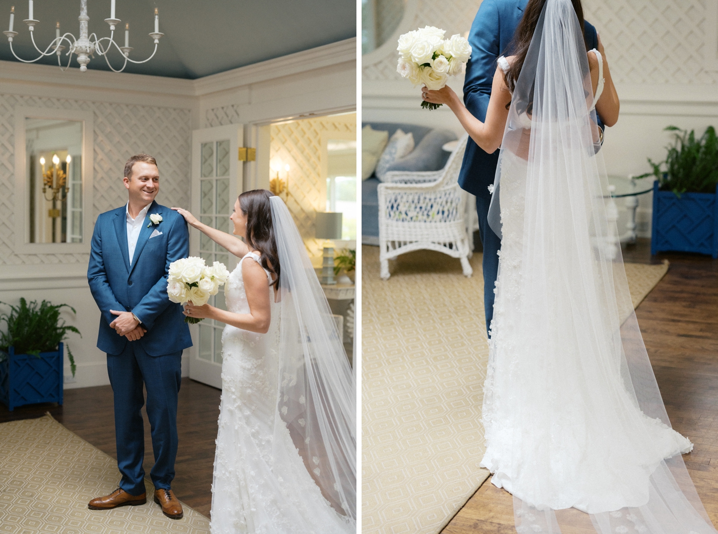Bride and groom first look at the Wianno Club